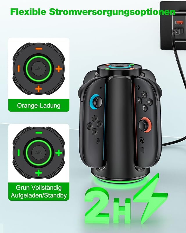 Switch 2 Controller Ladestation, 4-in-1 Magnectic Fast Joycon Ladestation für Kompatibel mit Nintendo 2 Switch, 8 RGB-Lichtmodi Charging Station Zubehör 3 Stunden Schnelles Vollladen, Oval