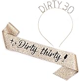 "Dirty Thirty" Sash & Rhinestone Headband Set - 30th Birthday Gifts Birthday Sash for Women Birthday Party Supplies (Gold Glitter/Black)