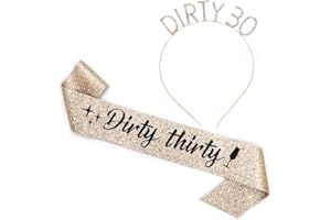 ADBETTY "Dirty Thirty" Sash & Rhinestone Headband Set - 30th Birthday Gifts Birthday Sash for Women Birthday Party Supplies (Gold Glitter/Black)