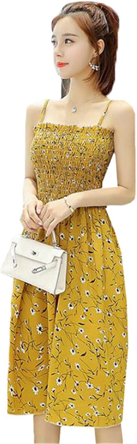 Amazon Tianxi レディース 女の子 夏 キャミソール スカート ストラップ Aライン ドッキング フェミニン ワンピース タンクトップ ノースリーブ インナー カシュクール パーティ ドレス イエロー ｆ ワンピース チュニック 通販