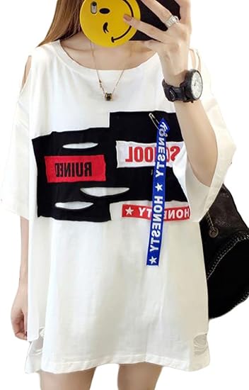 Amazon Gergeousレディース ロング Tシャツ 半袖tシャツ ゆったり ダメージ加工 ストリート 韓国半袖 Tシャツ カットソー 通販