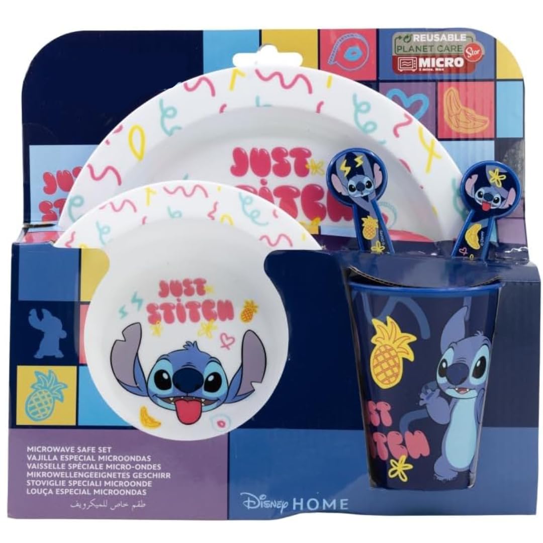 Microwave Safe 5pcs Character Animation 2023 Cartoon Dinner Tableware Set Plate, Bowl, Cup, Fork, Spoon BPA Free re-usable Plastic (Stitch)