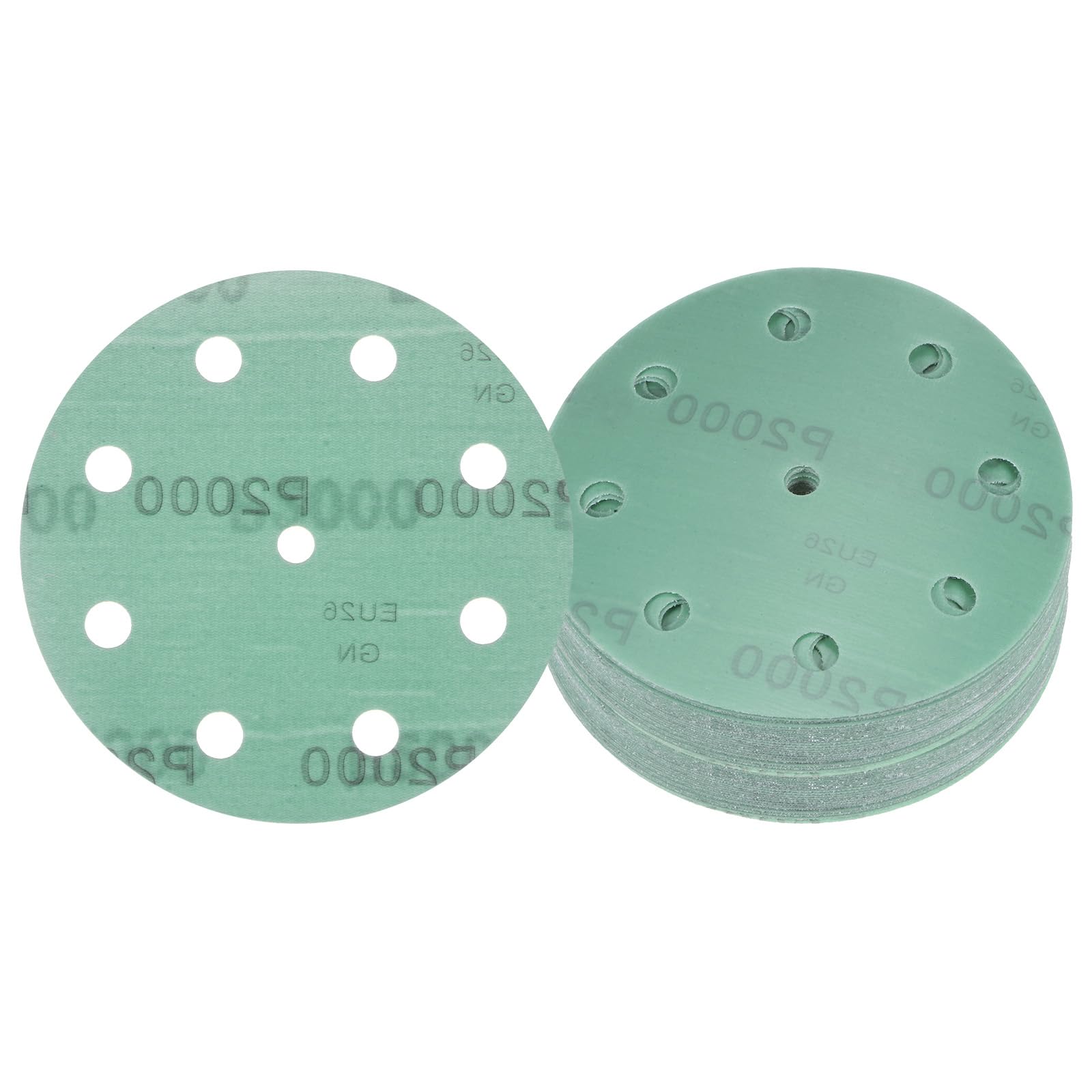 Kozelo 50pcs Green Film Sanding Discs - [5 Inch 2000 Grits 9 Hole ] Round Aluminum Oxide Hook & Loop Wet Dry Sander Pads for Wood Metal Polishing Use| Zirconium Corundum Sandpaper