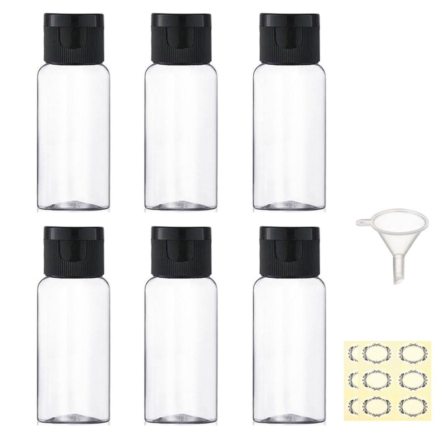 JamHooDirect 6PCS 50ml Plastic Travel Bottles with Flip Cap Empty Squeeze Bottles Refillable Travel Container with Funnel & Labels Approved for Liquids Lotion Toiletries Cosmetic（Transparent