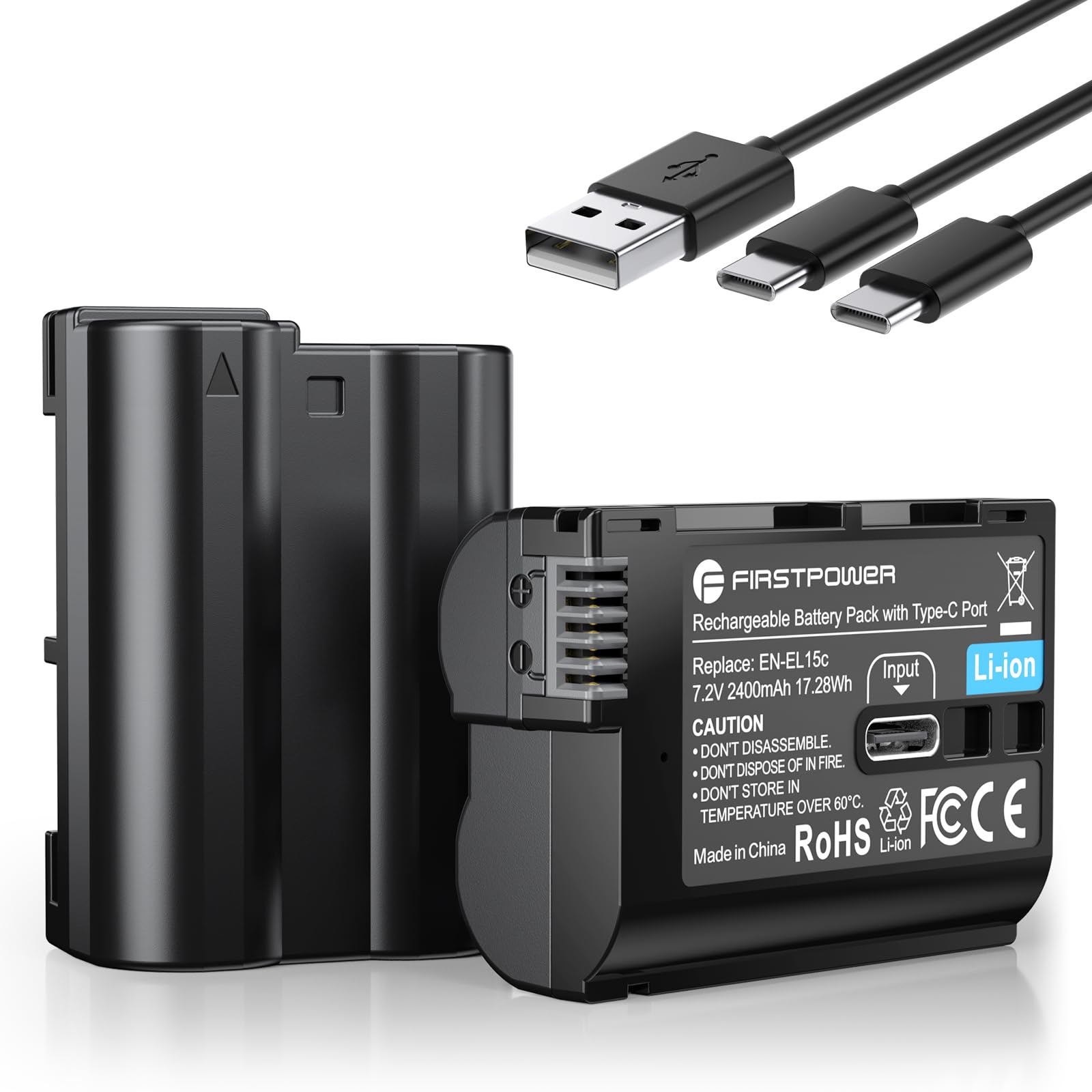 Photo 1 of FirstPower EN-EL15C Batteries with USB-C Fast Charging Port for Nikon ZR Zf Z5 Z6 Z6II Z6III Z7 Z7II Z8 D7000 D7100 D7200 D7500 D500 D600 D610 D750 D780 D800 D850 D800E D810 D810A 1V1, 2X 2400mAh