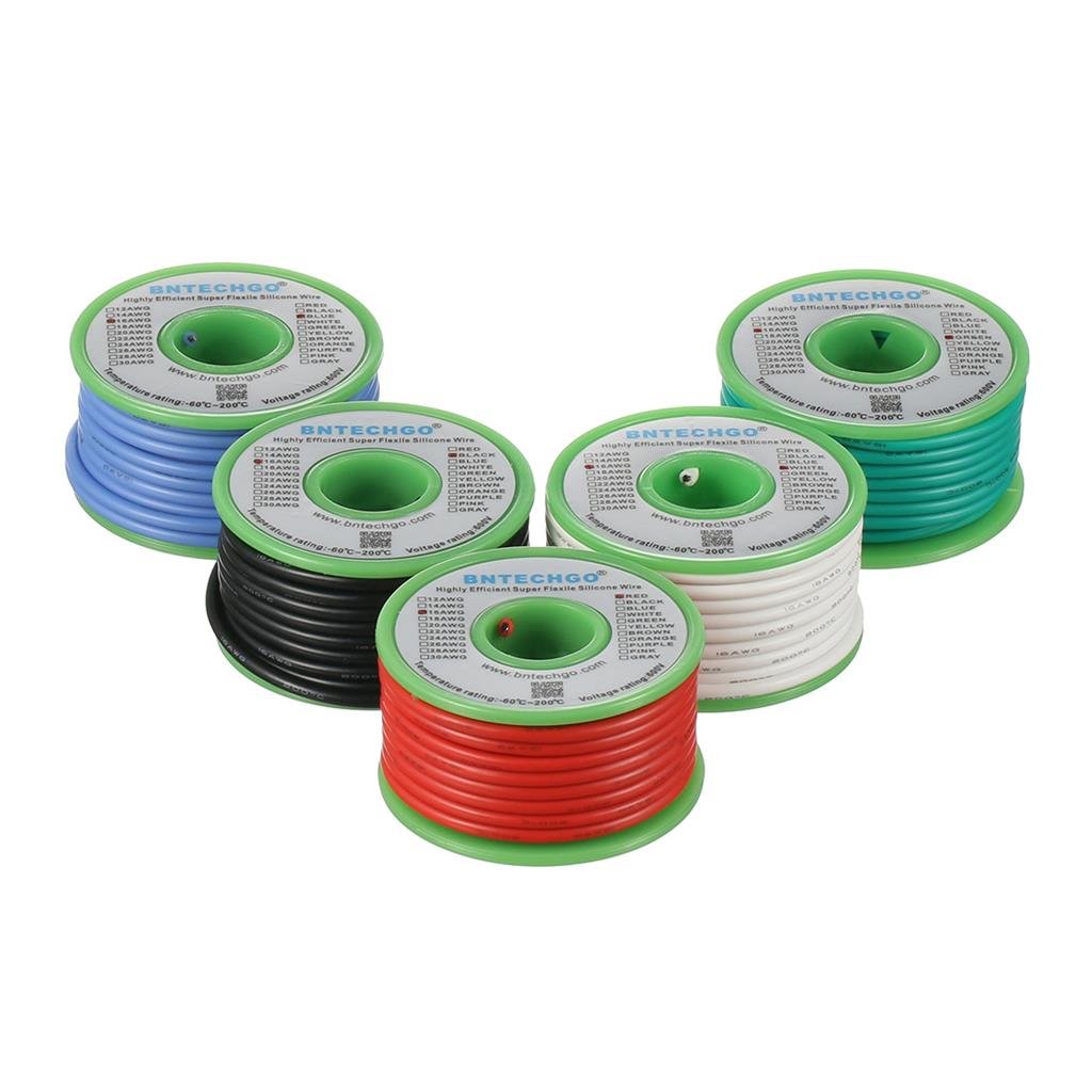 BNTECHGO Ultra Flexible 16 Gauge Silicone Wire Spool 5 Color Red Black White Blue and Green High Resistant 200 deg C 600V Electronic Wire 16 AWG Stranded Wire 252 Strands Tinned Copper Wire Hook Up