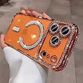 QSIETSPY Magnetic Case for iPhone 17 Pro Max 6.9"[Compatible with MagSafe] with Sparkle Diamond Camera Protection Shockproof Clear Cute Glitter Bling Phone Case for iPhone 17 ProMax,Orange
