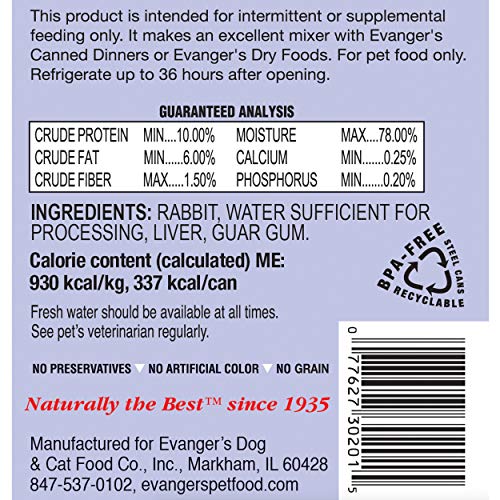 EVANGER’S COMPLEMENTS RABBIT FOR DOGS & CATS – 12 COUNT, 12.5 OZ EACH – SINGLE-PROTEIN FORMULA COOKED IN BROTH – GRAIN & GLUTEN FREE – WET DOG & CAT FOOD