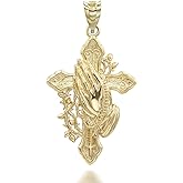 Solid 10k Gold Cross with Praying Hands and Rosary Pendant