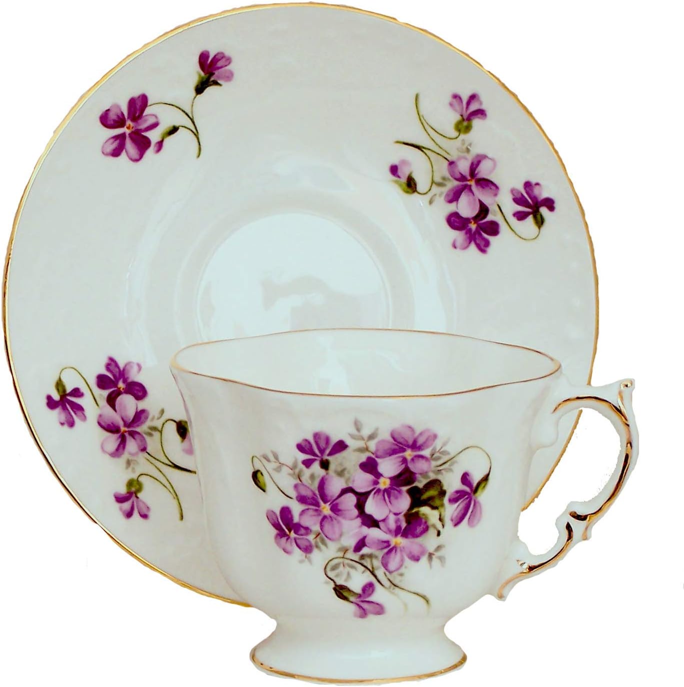 WILD VIOLETS Embossed Tea Cup and Saucer - Fine English Bone China