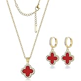 Feasnow Clover Necklace and Clover Earrings Black White Green Red Pendant 18k Gold Plated Lucky Clover Jewelry Set for Women Trendy