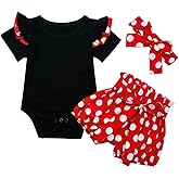 IBTOM CASTLE Little Girl Outfit Summer Holiday Short Sleeve Summer Outfits Ruffle Romper Sunsuit+Floral Pants+Headbands Infant Playwear Set Black+Red Shorts 3-6 Months