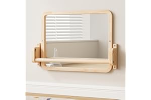Woodtoe Montessori Mirror with Bar, Baby Pull to Stand Toys, Natural Wooden Frame & Baby Pull Up Bar, Adjustable Infant Coordination Small Mirror, Montessori Christmas Toy for Toddler 6-18 Months