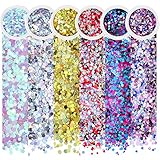 Body Glitter, NICEAUTY 6 Colors Face Glitter for Body Hair Face and Nail, Holographic Chunky Cosmetic Glitter with 1pcs Long Lasting Fix Gel, Perfect for Festival Christmas Makeup