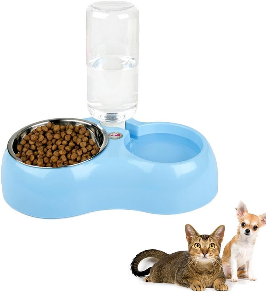 Pet Feeder by Rechel Automatic Feeder 2in1 Feeding and Watering Pet Feeder with Food Dispenser, Water Bottle and Stainless Steel Bowl for Dog and Cat 925ML