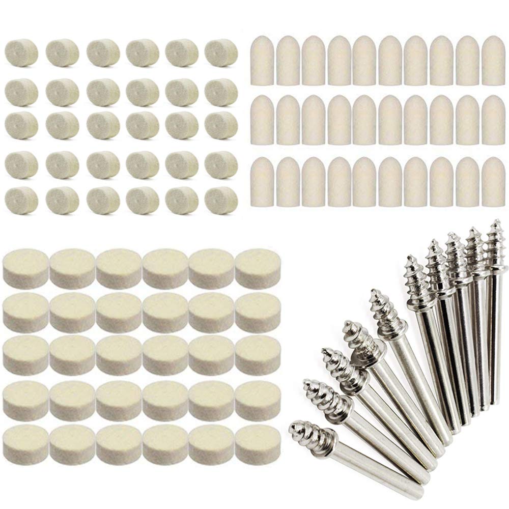 Yesallwas 100PCS Polishing Kit for Dremel Polishing heads, Wool Felt Buffing Kit Polishing Wheel for Dremel Rotary Tool Accessories 1/8" Shank for Glass Jewelry Metal Stone Polishing
