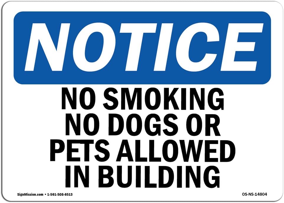 Señales de aviso OSHA No fumar ni perros ni mascotas permitidos en edificios