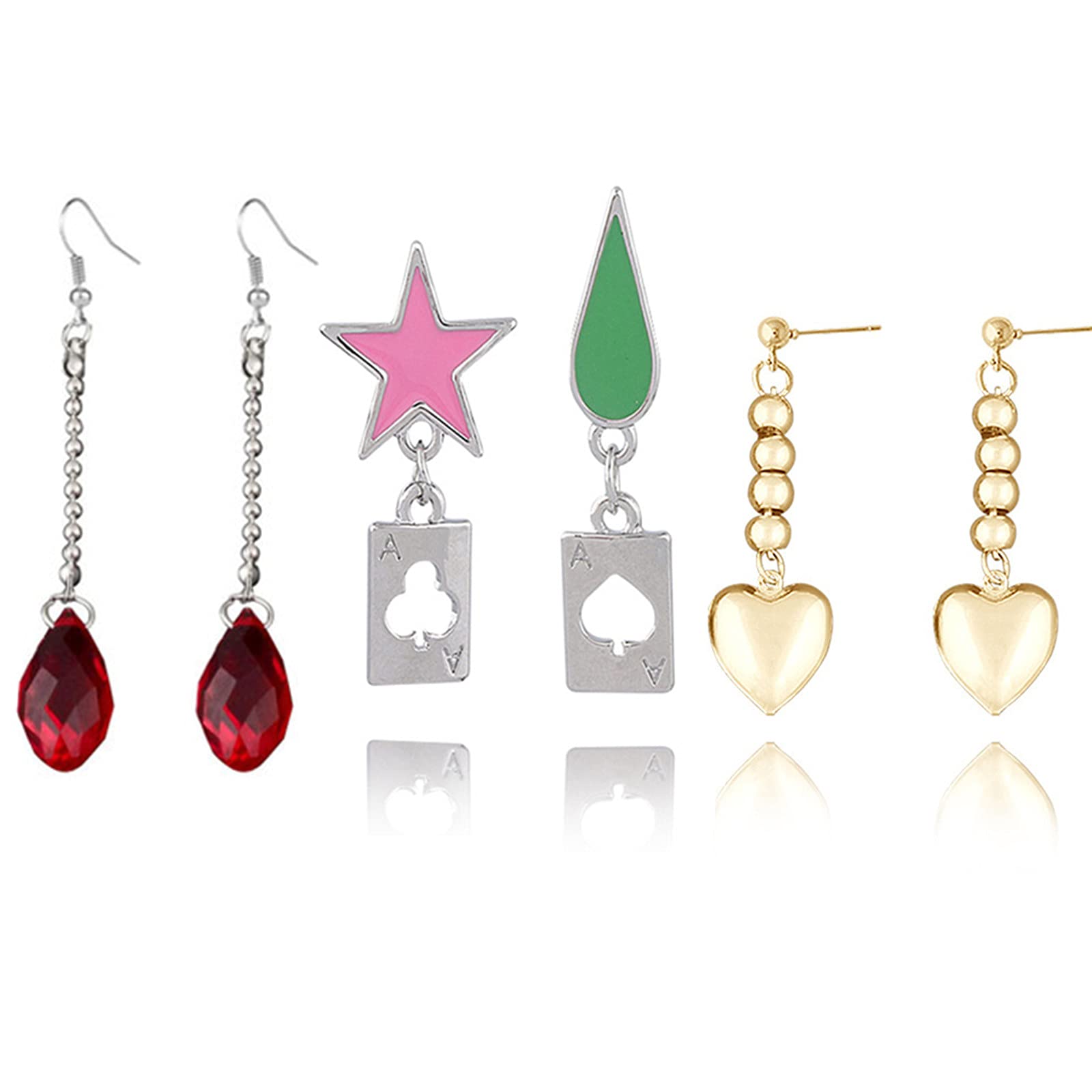 XHBTS 3 Pairs Anime Cosplay Earrings Stars Teardrop Poker Earring Stud Ear Clip Jewelry Accessories