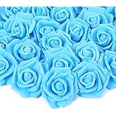 Artificial Rose Flowers, 100 pcs Foam Rose Bulk Blue Fake Flower Heads for DIY Wedding Bouquets Rose Wall Kissing Balls Bridal Shower Centerpieces Arrangements Party Tables Decorations(Light Blue)