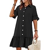 Wkior Women's Casual Shirt Dress Button Down Ruffle Sleeve Mini Summer Dresses with Pockets