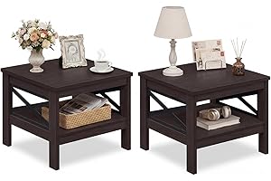 Giantex 2-Tier Square End Table Set of 2, 24'' Sofa Couch Side Table with Storage Shelf & X-Frame, Farmhouse Wood Bedside Nig