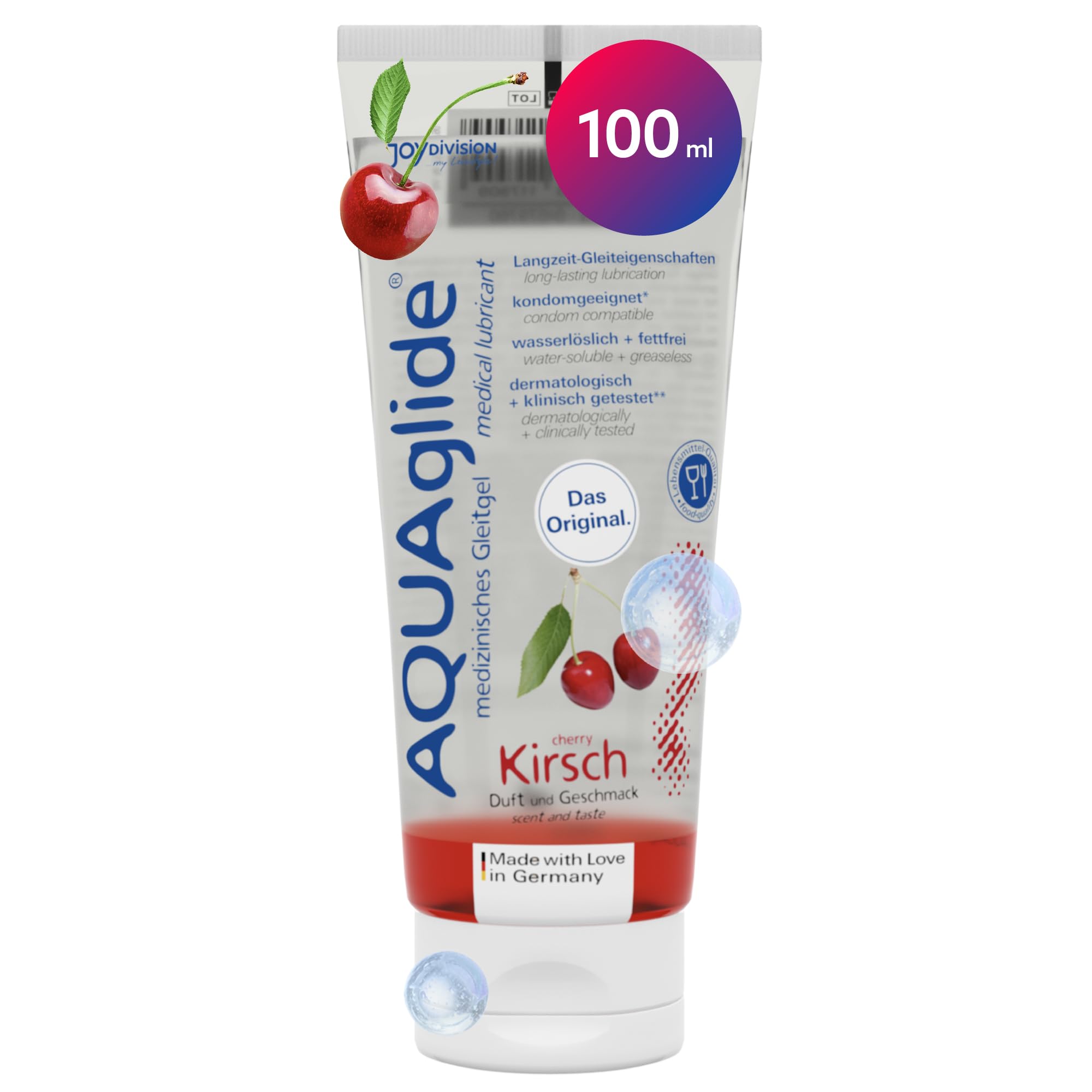Joydivision AQUAglide Cherry Lubricant 100ml, Vegan, with a Sensual Cherry Scent, Crystal-Clear, Suitable for Latex Condoms — image 1