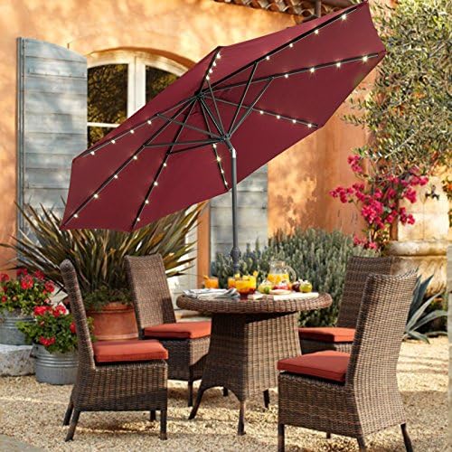 CASUN GARDEN 10ft Solar Powered LED Lighted Outdoor Market Aluminum Umbrella, Wine red