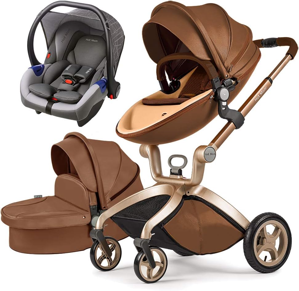 Baby Stroller with 100% pu Leather, Foldable and High Landscape，Anti-Shock Pushchair with seat and Handle bar Adjustment pram (Coffer3-1)