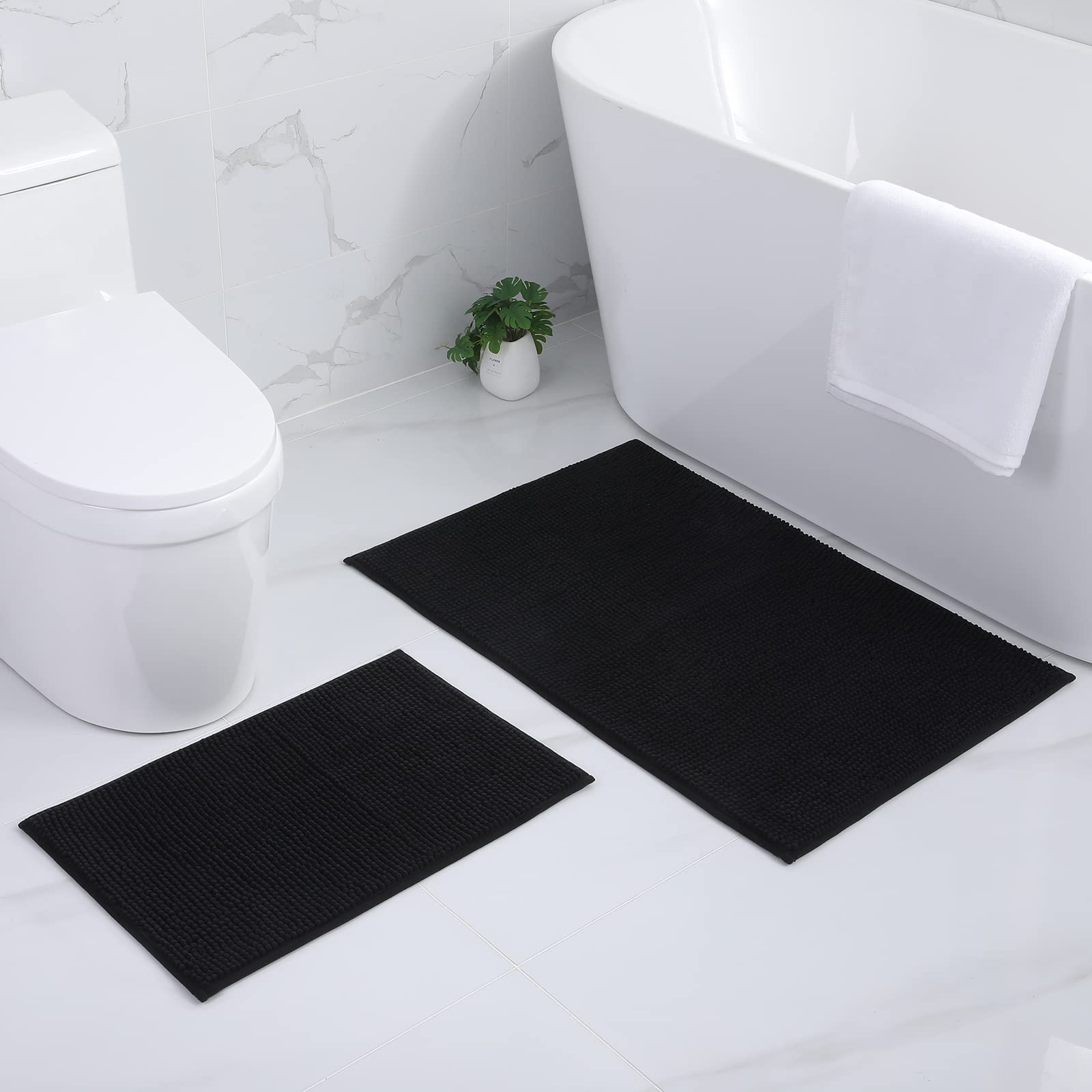 smiry Non Slip Chenille Bath Mat Set, Pack of 2, Extra Absorbent Soft Bathroom Mat Sets 2 Piece, Machine-Washable Quick Dry Bath Rug, 40 x 60 cm + 60 x 90 cm, Black — image 1