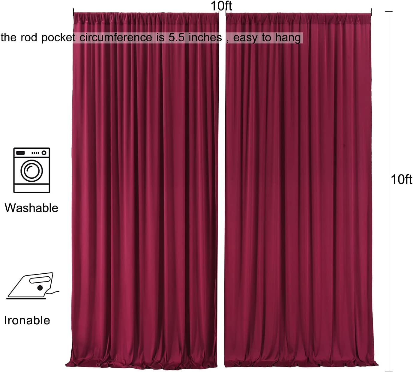 AK TRADING CO. 10 feet x 10 feet Polyester Backdrop Drapes Curtains Panels with Rod Pockets - Wedding Ceremony Party Home Window Decorations - Burgundy (DRAPE-5x10-BURGUNDY)