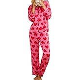 RUINIXCW Women Valentine's Day Pajama Sets 2Pcs Long Sleeve Button Up Bow Love Print Tops Matching Pjs Pants Sleepwear