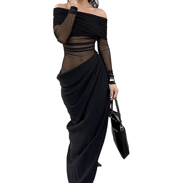 Alpha Semi-Sheer Maxi Dress - Off Shoulder, Long-Sleeve, One