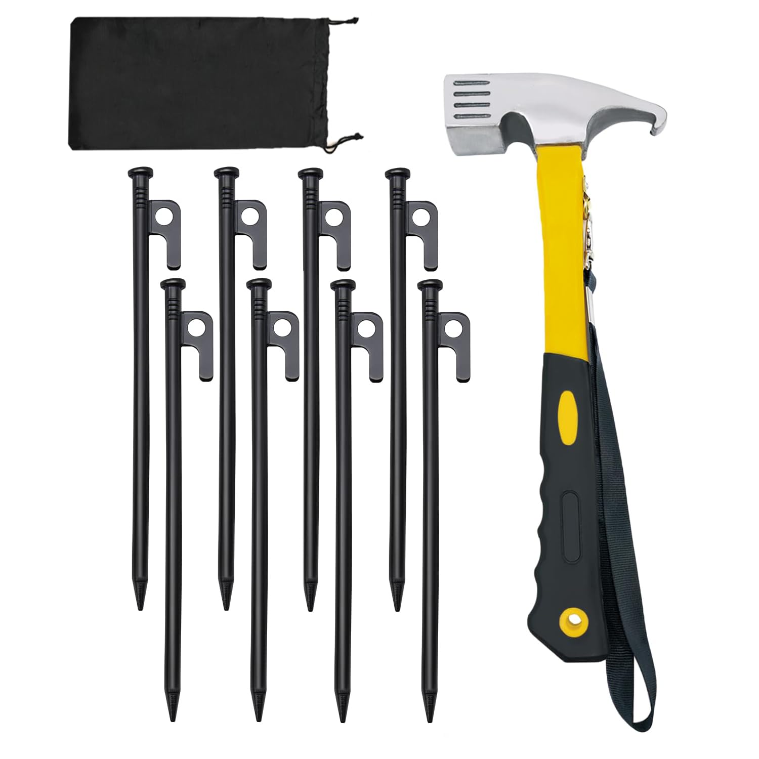 Hniuyun Tent Pegs and Hammer Set, 8pcs 25cm Heavy Duty Forged Steel Tent Stakes with Camping Hammer and Storage Bag for in Gardening, Hiking, and Outdoor Tenting Activities