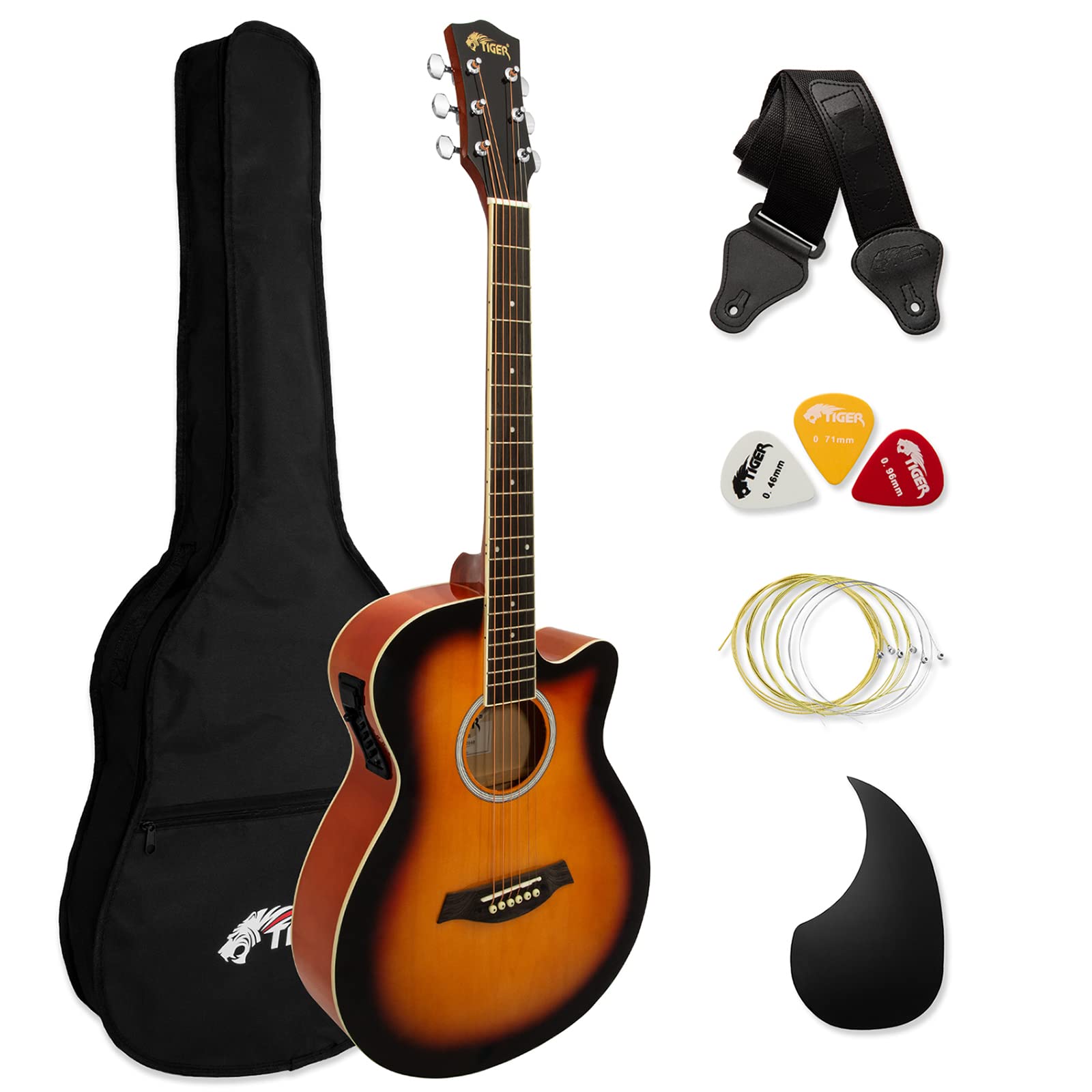 TIGER ACG4-SB Full Size Electro Acoustic Guitar for Beginners with Built-in 3-Band EQ - Package includes Gig-bag, Strap and Spare Strings - Sunburst - Now with Six Months FREE lessons โ image 1