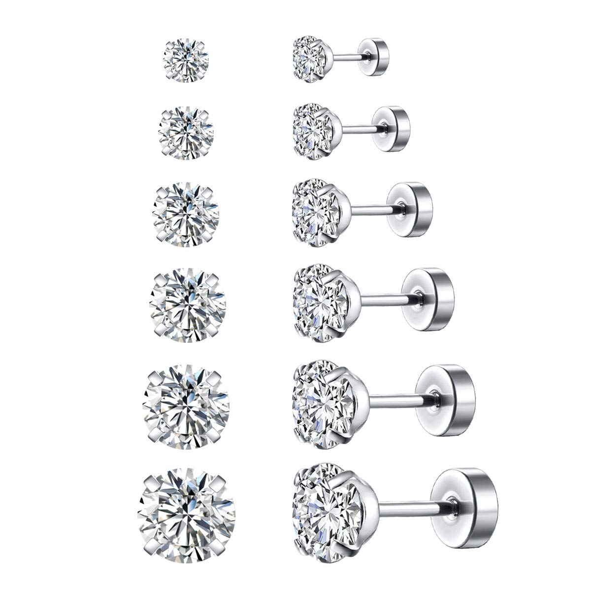 FOSIR 6 Pair 18G Stainless Steel Stud Earrings for Men Women Cartilage Ear Piercing Cubic Zirconia Inlaid 3-8MM