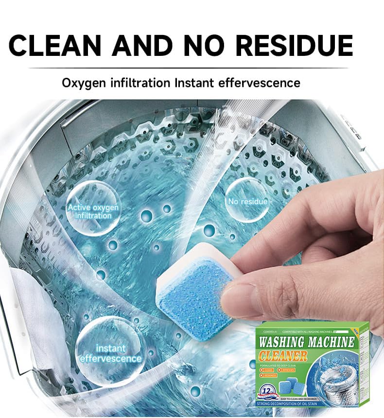 Uniiking® Washing Machine Cleaner Descaler 12 Pack - Deep Cleaning Tablets for HE Front Loader & Top Load Washer, Septic Safe Eco-Friendly Deodorizer, Clean Inside Drum and Laundry Tub Seal
