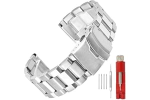 SINAIKE Brush Matte Finish Metal Watch Band Stainless Steel Bracelet Straps 18mm/20mm/22mm/24mm Double Buckle Black or Silver,Gold