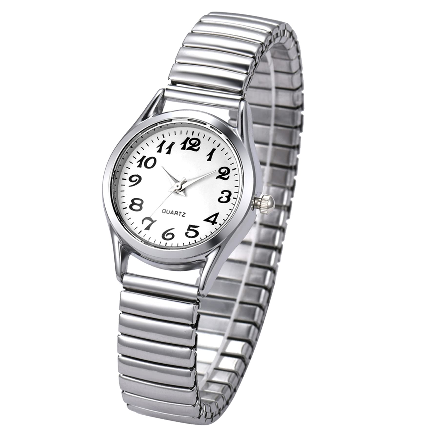 JewelryWe Women's Ultra Thin Easy Reader Watch with Elastic Strap, Golden Watch for Mothers Day