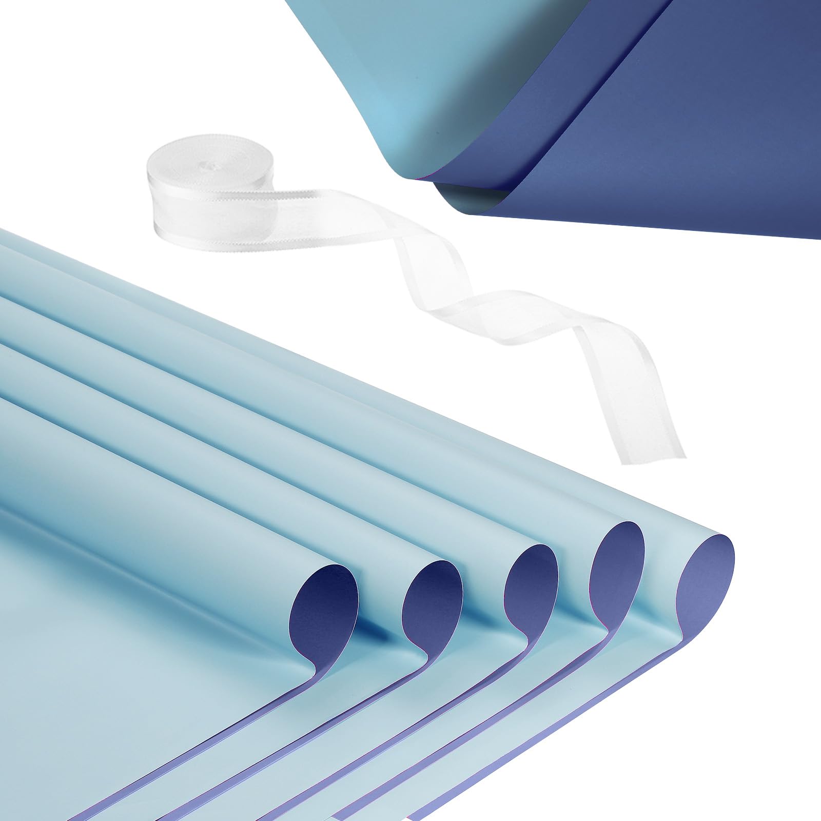 PATIKIL 20 Sheets Flower Wrapping Paper, Waterproof Flower Paper Wraps with Ribbon Floral Bouquet Supplies for DIY Crafts Packaging Bouquet, 22.8x22.8 Inch, Navy Blue/Maya Blue