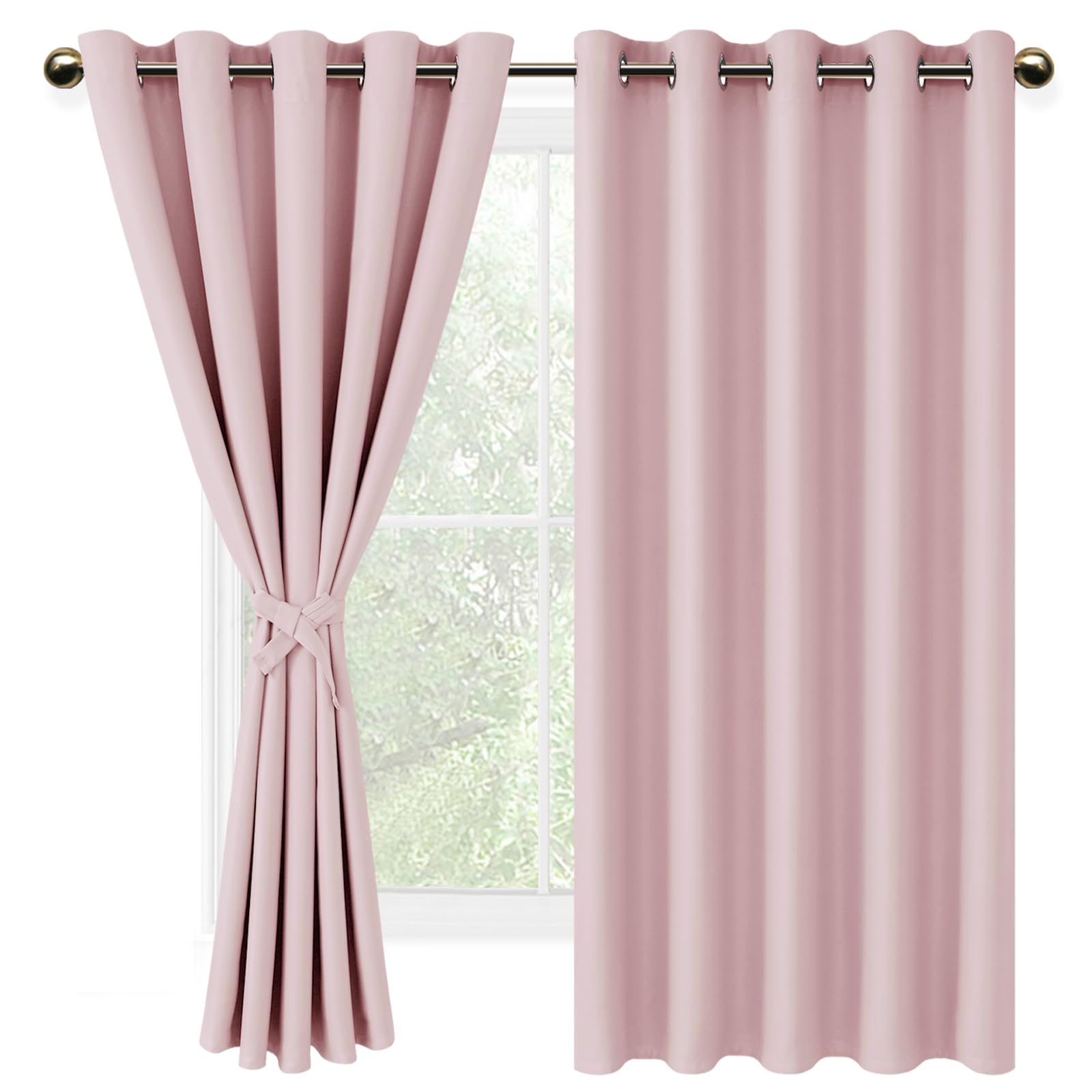 DWCN Blackout Curtains with Tiebacks for Bedroom Thermal Insulated Solid Eyelet Curtains for Living Room,2 Panels,66" Wide x 72" Drop Pink