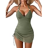 Aidonger Women Swimdress Tummy Control V Neck Halter One Piece Swimsuit Mesh Skirt Bathing Suit with Side Drawstring