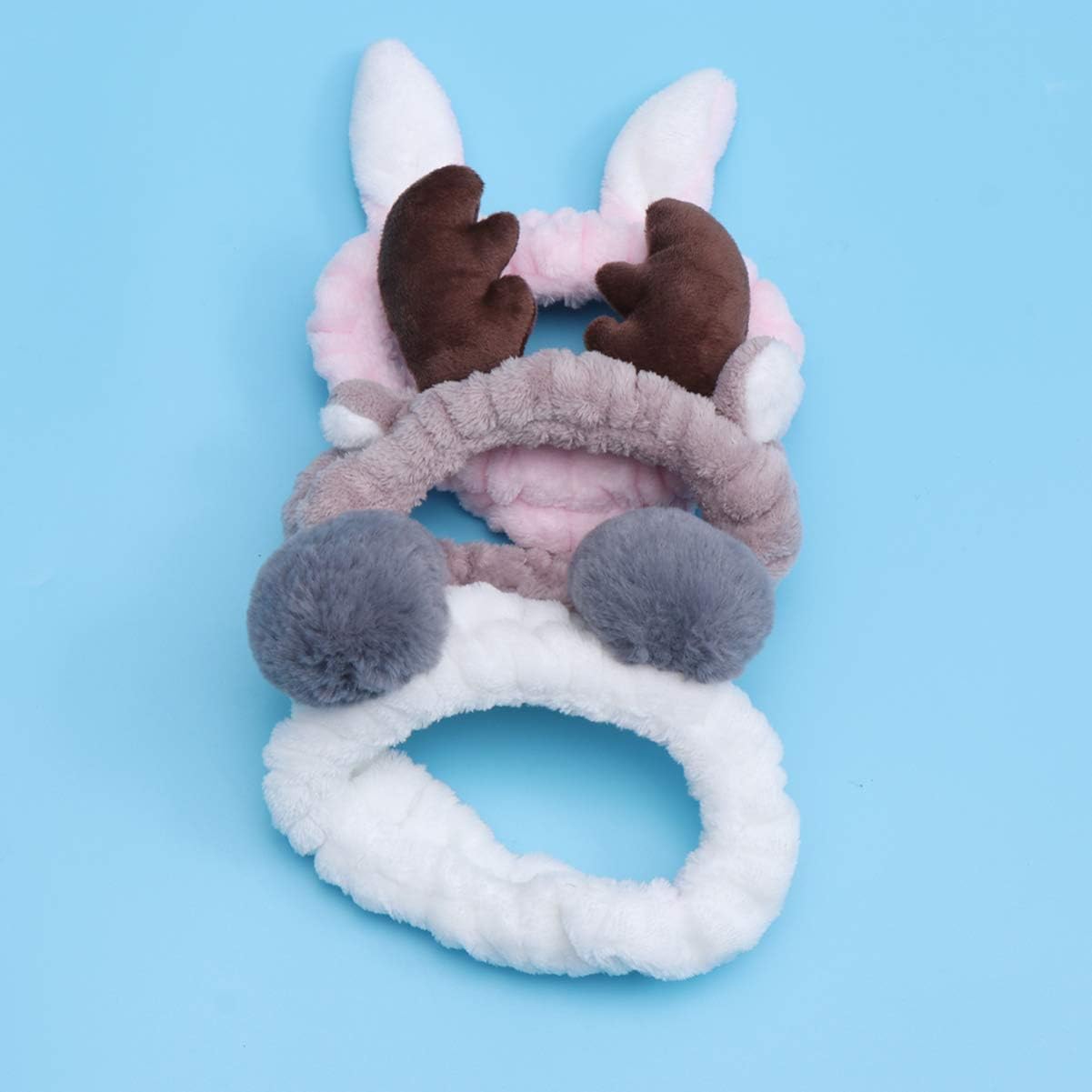 Lurrose 3PCS Cute Animal Ears Headbands Elastic Washing Face Headband Fluffy Rabbit Bear Elk Head Wrap for Girls Woman - Image 3