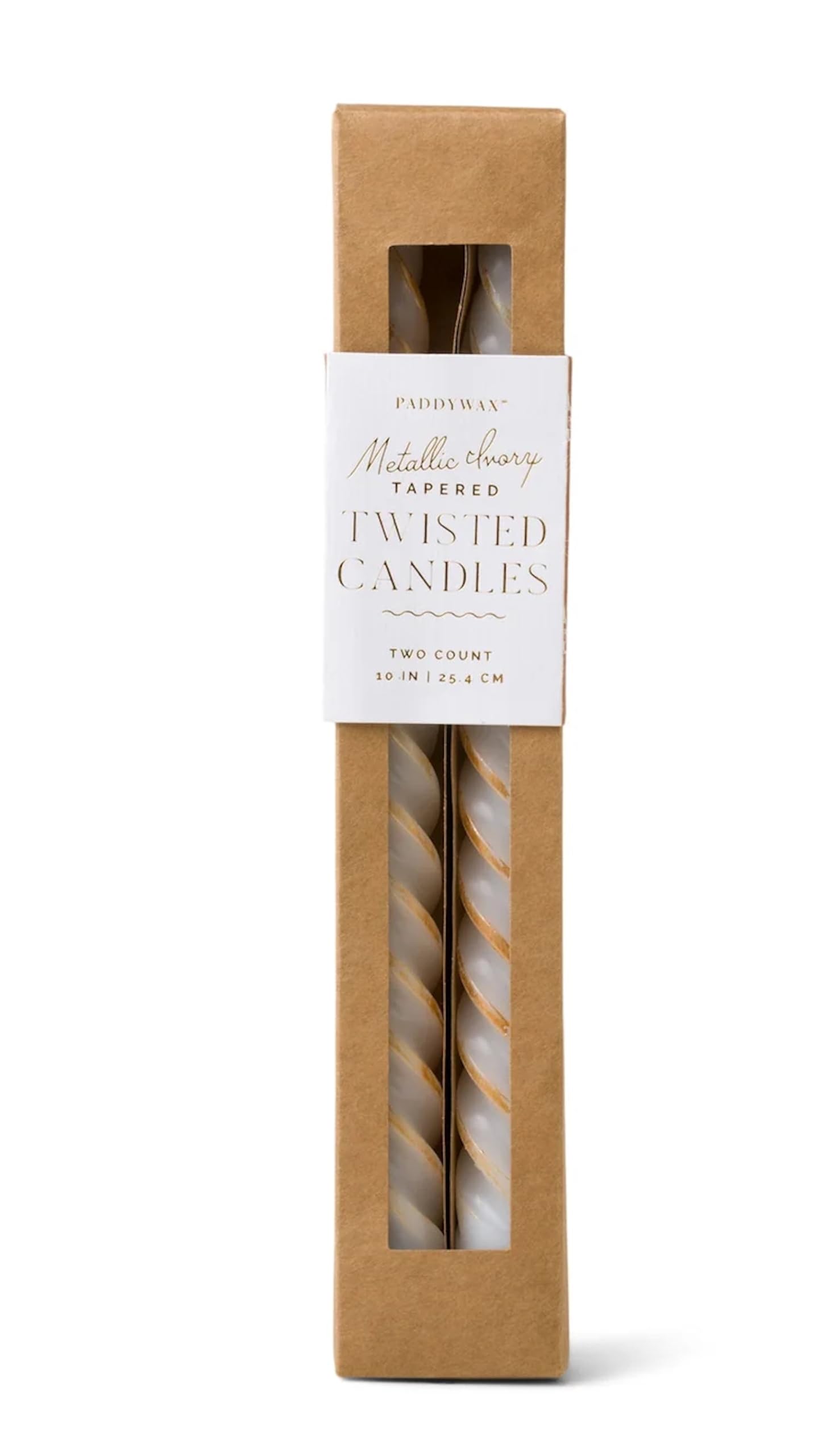 Paddywax Taper Candles Colourful Twisted Tapers Cypress + Fir Scented Dinner Candle Set, 24cm Tall, Metallic Ivory, 2-Count
