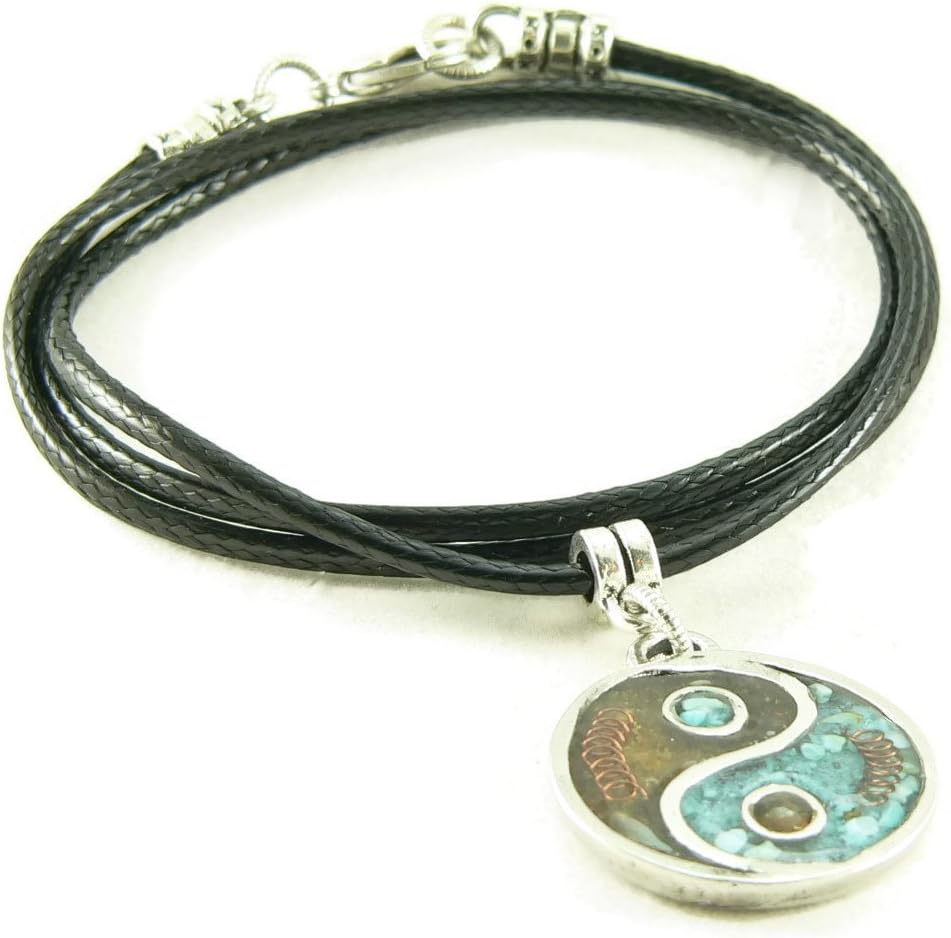 LKS Originals Orgone Energy Yin Yang Pendant Necklace in Turquoise and Carnelian with Vegan (Faux) Leather Cord