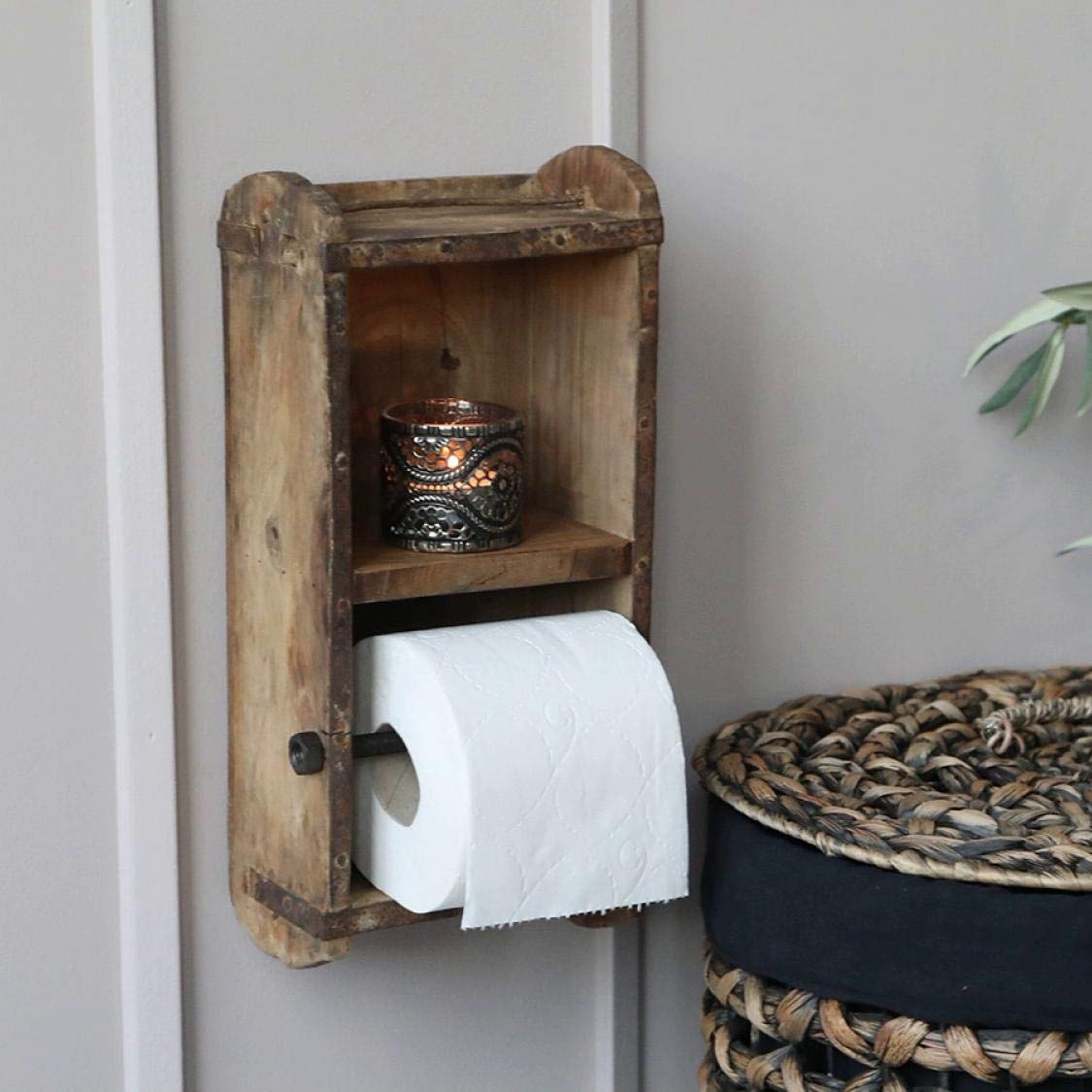 Chic Antique Wooden Brick Shape Wall Mounted Toilet Roll Holder