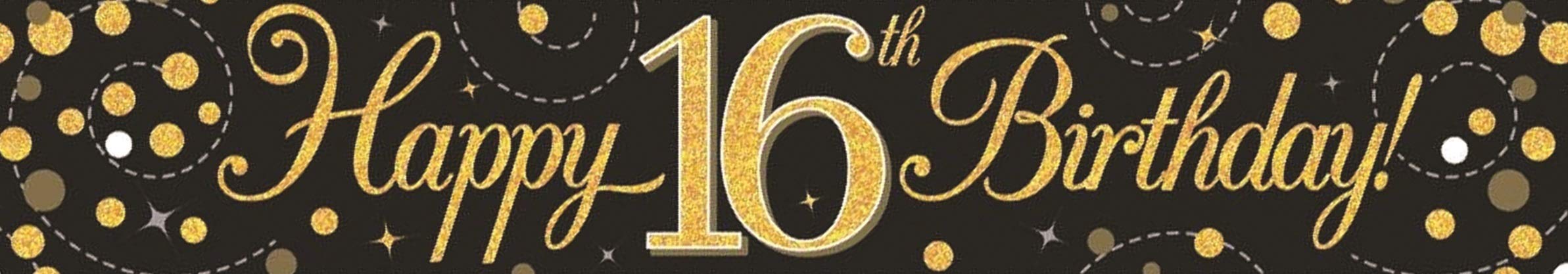 9ft Banner Sparkling Fizz 16th Birthday Black & Gold Holographic