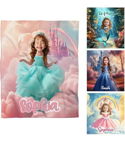 Custom Photo & Name Princess Blanket - Personalized Fleece Throw For Girls & Kids