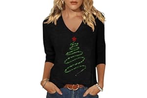 Scgirl Womens 3/4 V Neck Sleeve Christmas Shirts Merry Christmas Shirts Plaid Leopard Tree Graphic Tee Tops