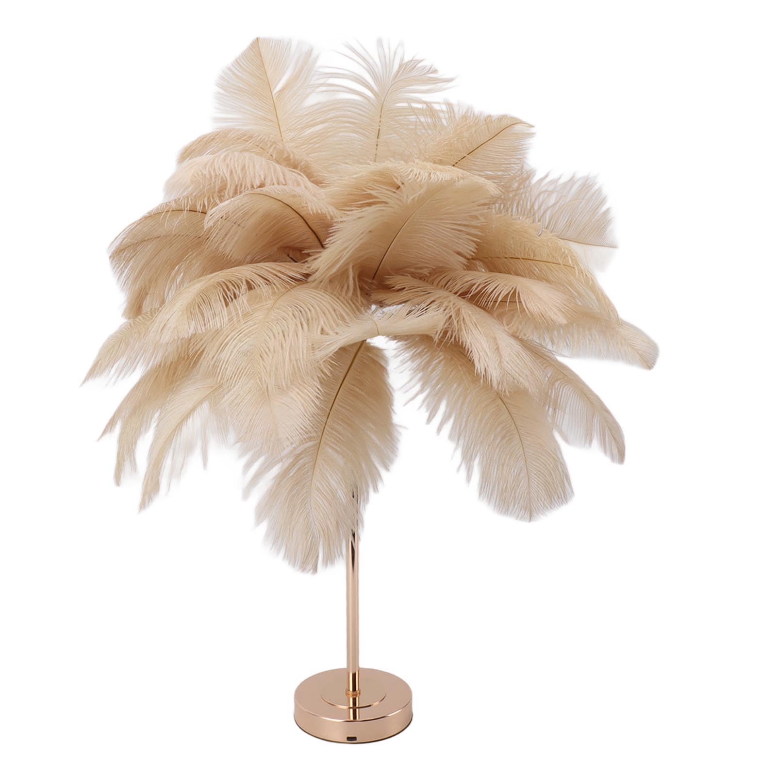 Ostrich Feather Table Lamp, 30PCS Feathers 3 Color Dimming Cordless USB Rechargeable Touch Control Desk Night Light, Modern Decorative Bedside Lamp Bulb Included for Bedroom Living (Camel Color)