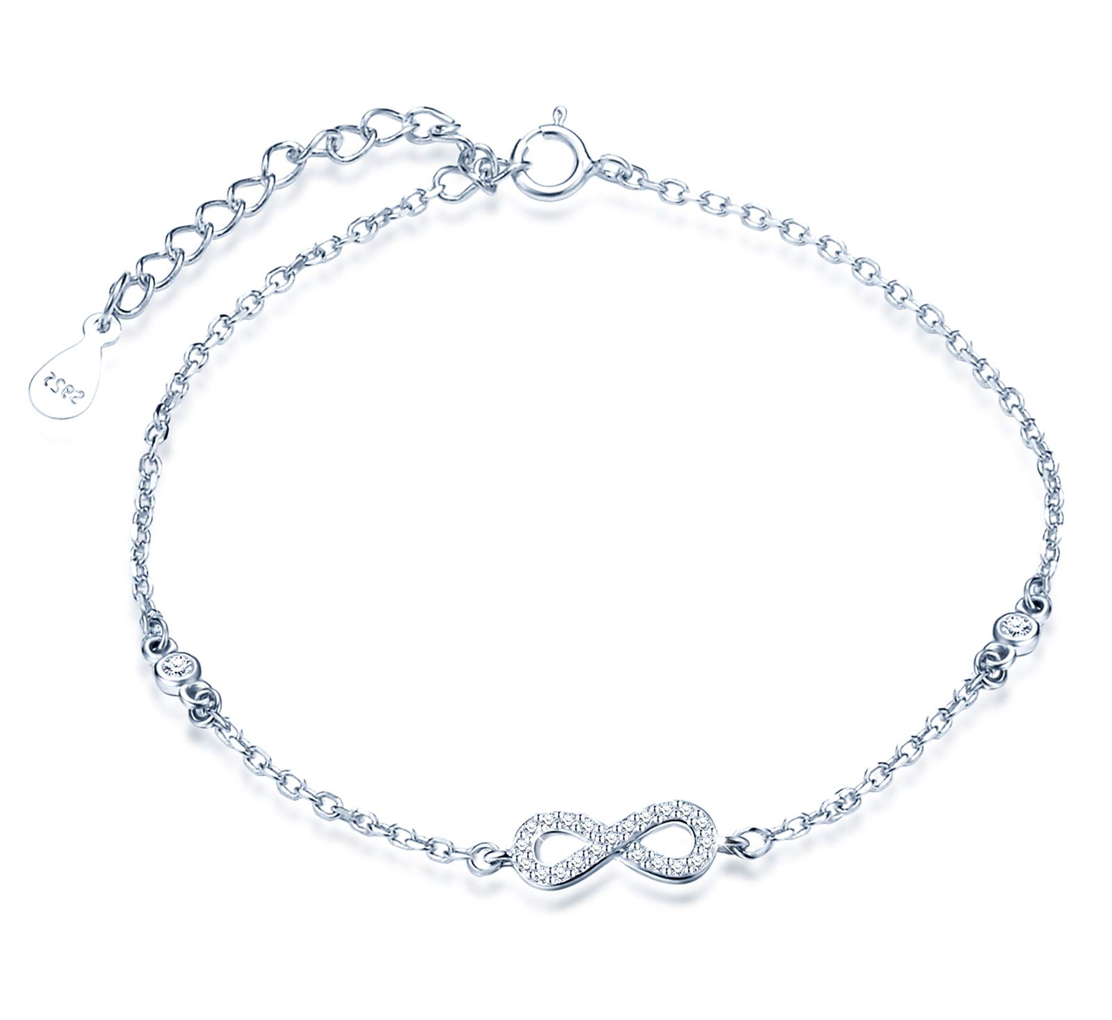 MicLee Woman's girl's Bracelet, 925 Sterling Silver bracelet, infinity symbol bracelet, Inlaid with shiny zircon, adjustable chain, silver